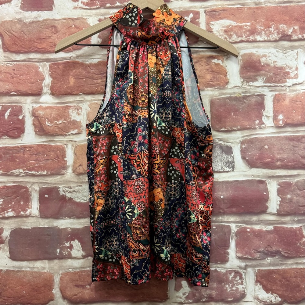 Rachel Zoe Halter Top Women's Small Multicolor Boho Floral Patchwork Satin Shirt